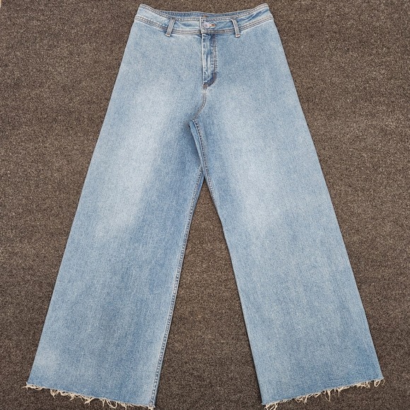 Miou Muse Pants - Miou Muse Womens Large Light Blue Wide Leg Denim Jeans Stretch Baggy Raw Hem